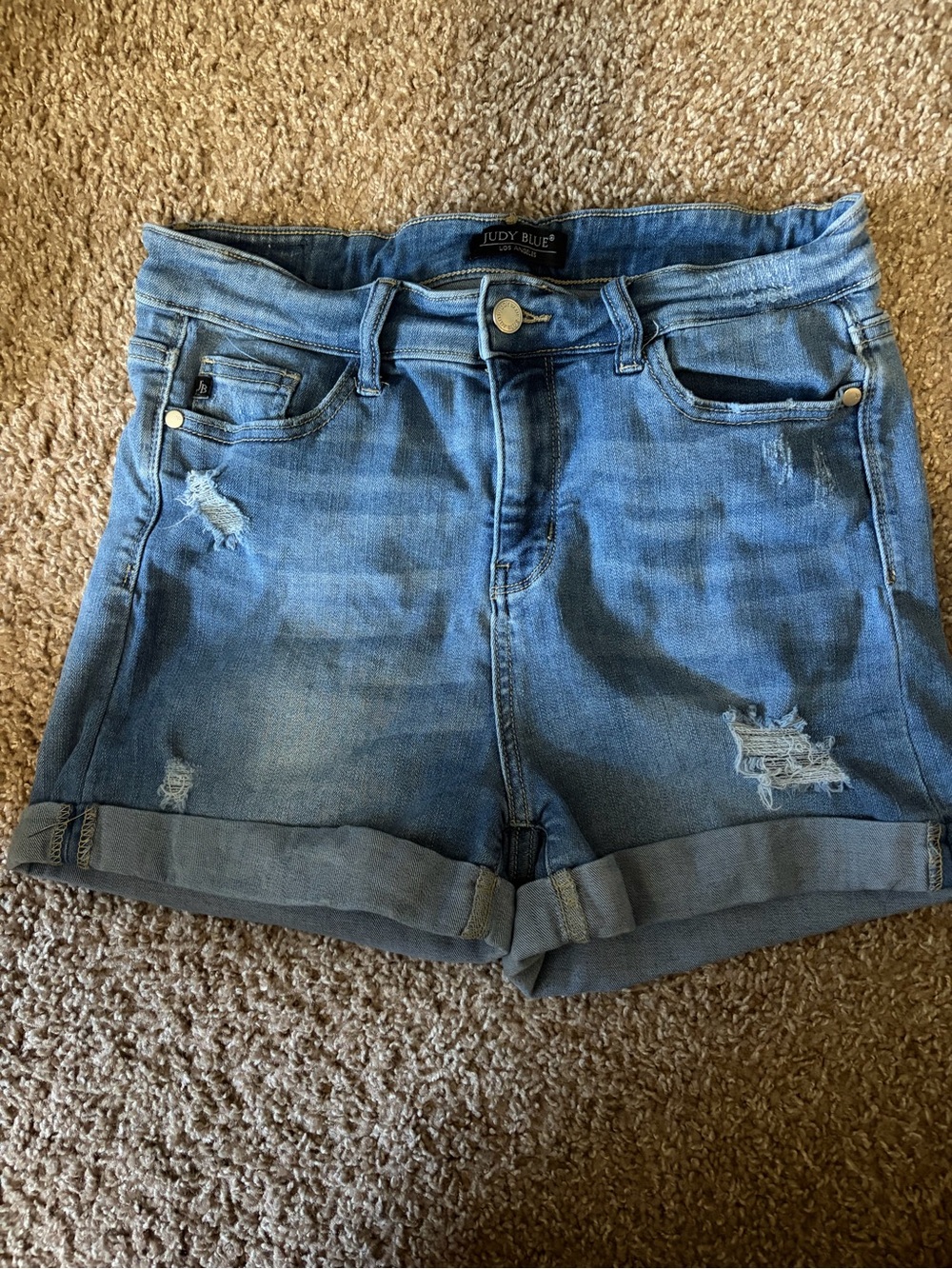 Judy Blue Medium Light Blue Distressed Cuffed Denim Shorts